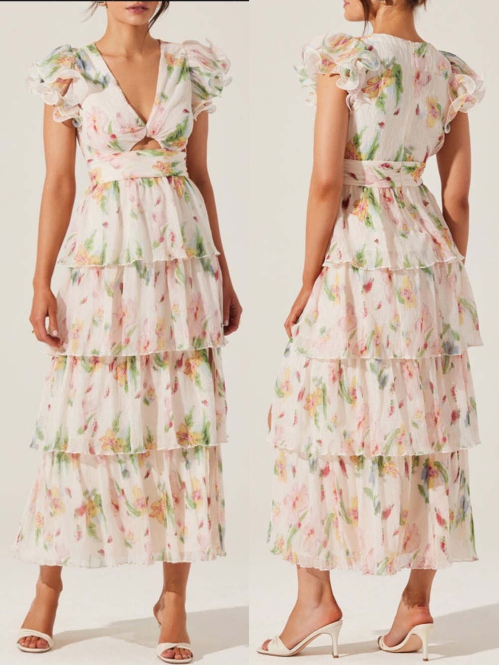 NEW ASTR The Label IVORY FLORAL Emporia PLEATED Fluttery Sleeve TIERED DRESS S